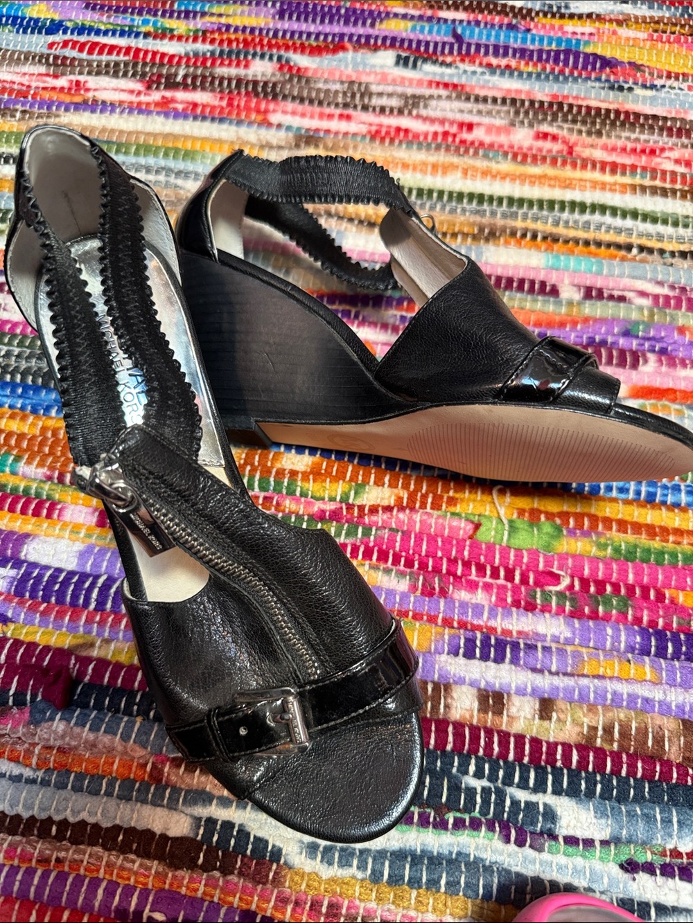 Michael Kors Black Leather Wedge Sandals with Front Zipper